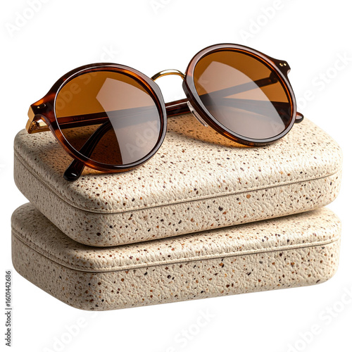  Brown Sunglasses Resting on Closed Beige Speckled Case, Side Angle with Soft Shadow, Transparent PNG