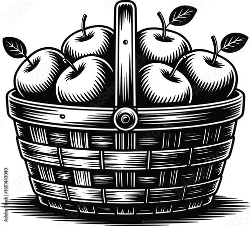 A basket brimming with fresh apples, rendered in a classic woodcut style, showcasing the harvest's bounty and the simple beauty of nature's gifts in monochrome.