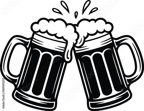 Two beer mugs clink together in a celebratory toast, featuring a bold black and white vector design with overflowing foam and splashing droplets, perfect for festive occasions.