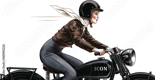 A stylish woman with a helmet and scarf rides a vintage motorcycle, showcasing adventure and freedom with a retro aesthetic and detailed illustration style for transportation themes.