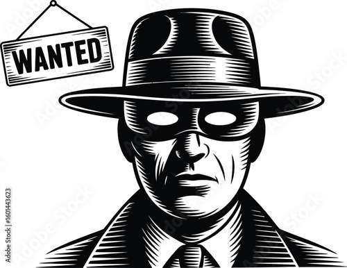 A striking monochrome illustration showcases a mysterious masked man wearing a fedora, accompanied by a "Wanted" sign, creating a vintage, noir-inspired aesthetic.