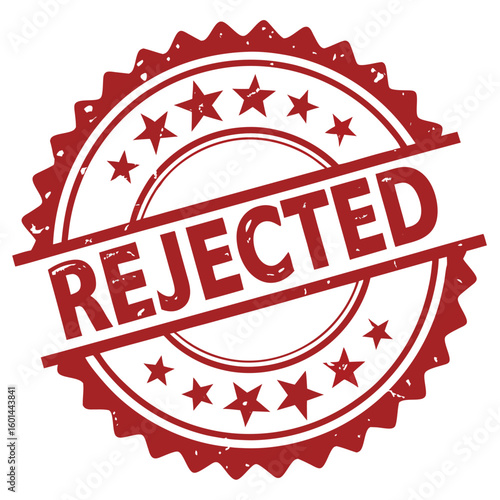 Distressed red stamp shows the word rejected with stars on a white backdrop