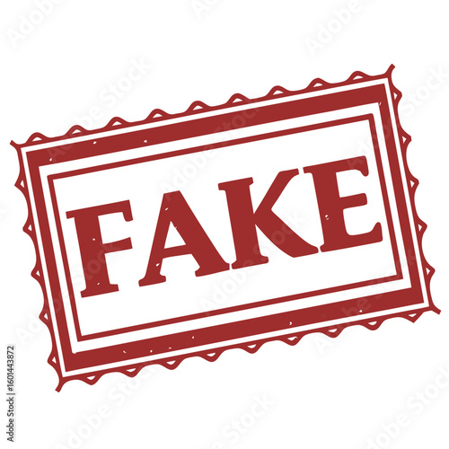 Fake boldly displayed in a dark red postagestyle frame highlights deception, set on a transparent backdrop