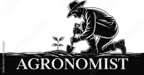An illustration showcases an agronomist planting a young seedling with a shovel, rendered in a vintage style, emphasizing themes of agriculture, growth, and the importance of environmental stewardship