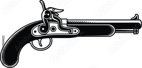 A striking black and white illustration showcases a vintage flintlock pistol, perfect for historical themes, graphic design projects, or adding a touch of classic weaponry to any creative work.