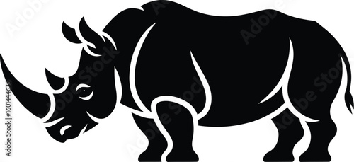 A striking black rhinoceros illustration showcases the power and majesty of this endangered animal, perfect for conservation efforts and wildlife education materials.