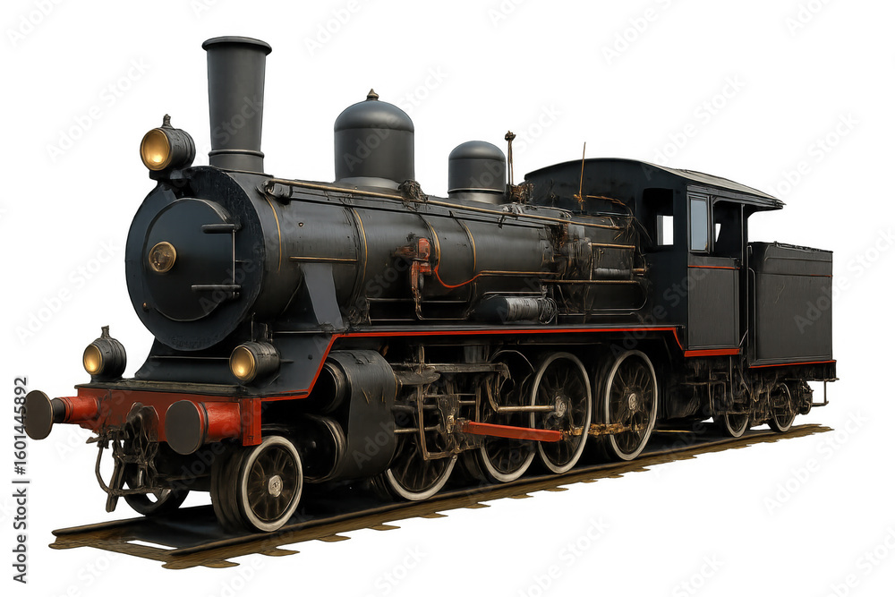 Fototapeta premium Classic steam locomotive isolated on transparent background, showcasing vintage engineering and transportation history