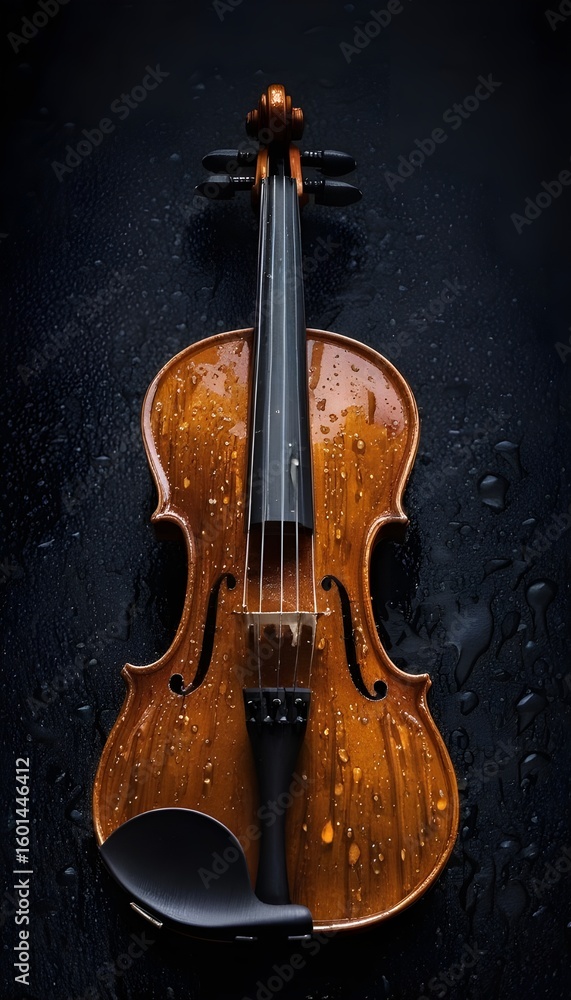 Fototapeta premium Rain-Covered Violin on Dark Background