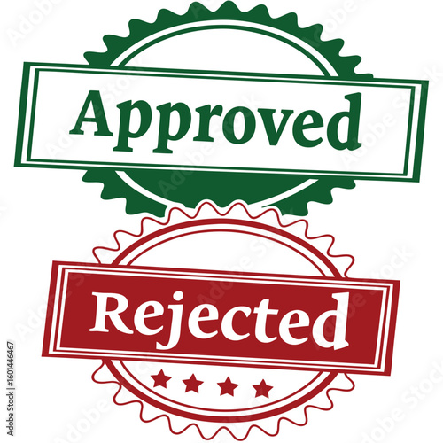 The green approved badge sits above a red rejected stamp with stars signifying decisions