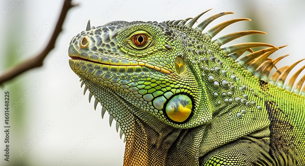 Fototapeta premium Close up portrait of a green iguana s head and scales