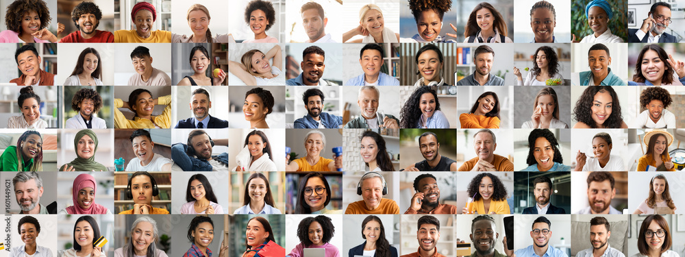 Fototapeta premium A joyful collection of portraits featuring diverse individuals. Each person radiates happiness, representing various backgrounds and cultures in everyday settings filled with positivity.