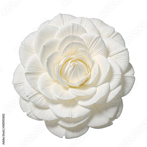 Beautiful white camellia flower with dense perfectly arranged petals strikingly centered and set against a crisp white background