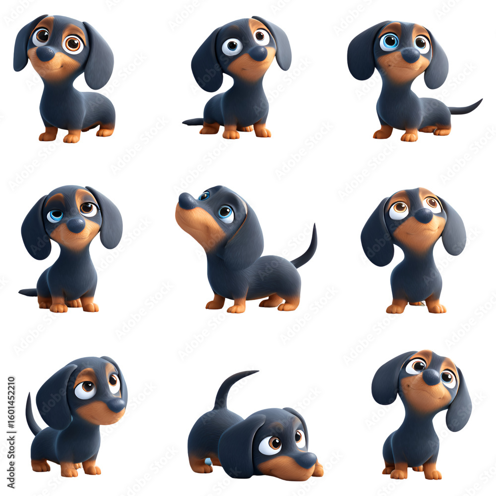 Fototapeta premium Adorable 3D icon-style dachshund dogs in playful and cute poses, featuring black and tan fur with charming expressions, perfect for kids' content and pet-themed designs.
