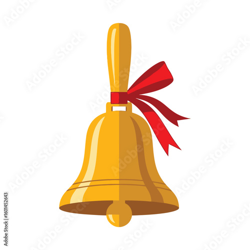 Classic golden handbell illustration with a bright red ribbon bow.