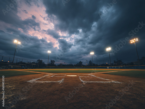 Baseball field under dramatic stormy sky with stadium lights at dusk