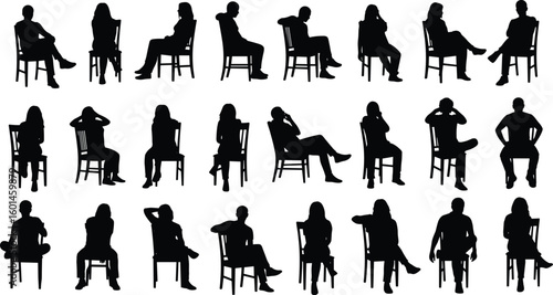Cad drawing flat vector illustration, seated human silhouettes in chair poses, ergonomic posture graphic set for design and reference