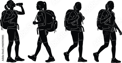Cad drawing flat vector illustration, silhouette hiker with backpack in walking poses, outdoor activity graphic set for nature design
