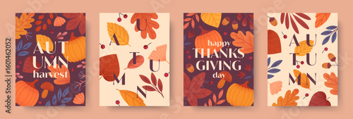Autumn thanksgiving and harvest posters with leaves,berries,plants,pumpkins,foliage.Vector autumn seasonal holiday illustrations.Trendy fall templates for prints,ad,banners,invitations,covers
