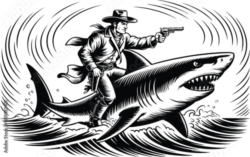 Black and white drawing of a cowboy riding a shark with a gun drawn out
