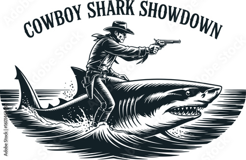 A cowboy riding a shark and aiming a gun in a black and white illustration