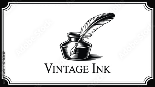 Illustration of a quill pen in an inkwell with a decorative border around