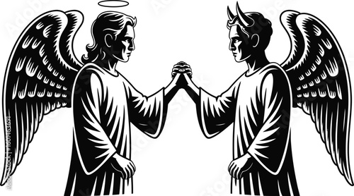 Angel and devil holding hands in black and white vector illustration art