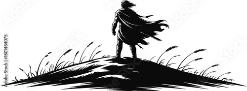 Man with cape standing on a hill under cloudy sky in black and white art