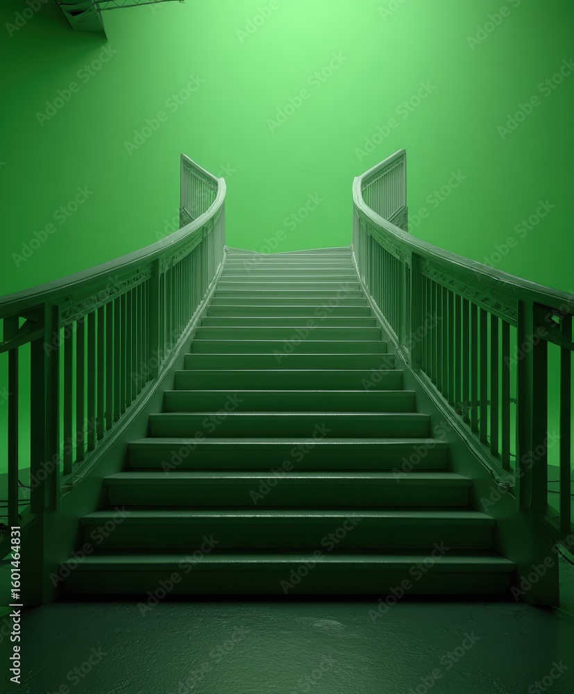 Fototapeta premium Captivating ascending staircase with curved railings immersed in a vibrant green backdrop displayed on transparent background