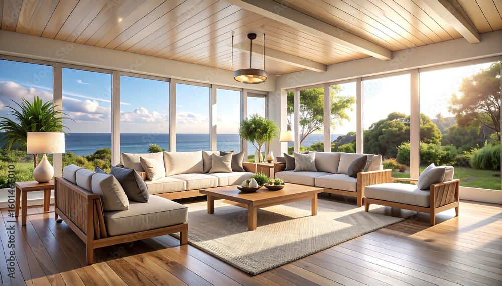 Naklejka premium Living Room Interior with Ocean View and Natural Light
