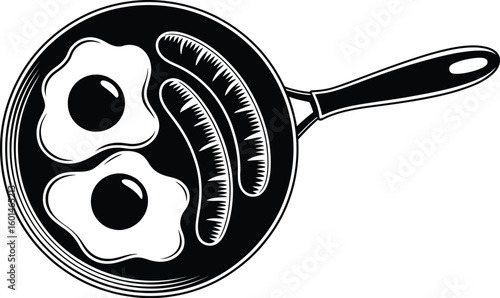 A black and white illustration of eggs and sausages in a frying pan view
