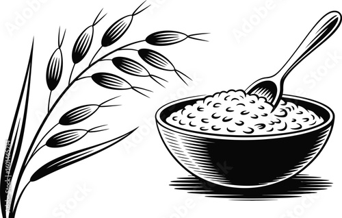 Illustration of oats stalk and bowl of oatmeal with spoon in black and white