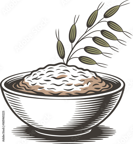 Illustration of a bowl of porridge with a sprig of grain on a white background