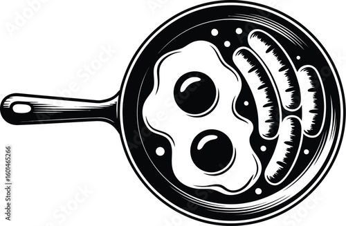 Illustration of a frying pan with two fried eggs and three sausages inside