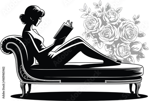 Silhouette of woman reading book on chaise lounge with roses in background