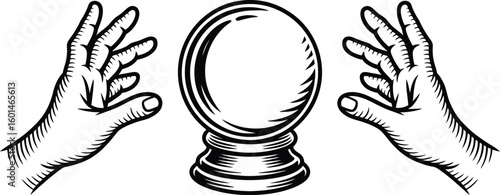 A crystal ball with two hands on either side in a black and white drawing