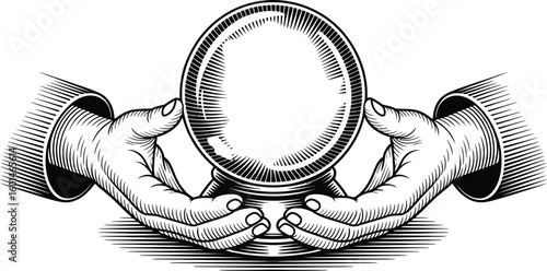 Engraved illustration of hands holding a crystal ball on a white background