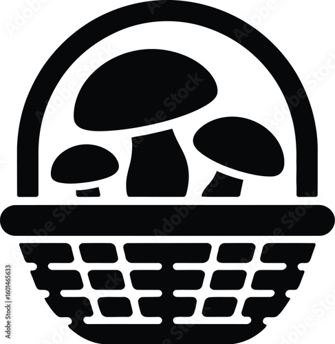 Black and white illustration of a basket filled with three mushrooms inside