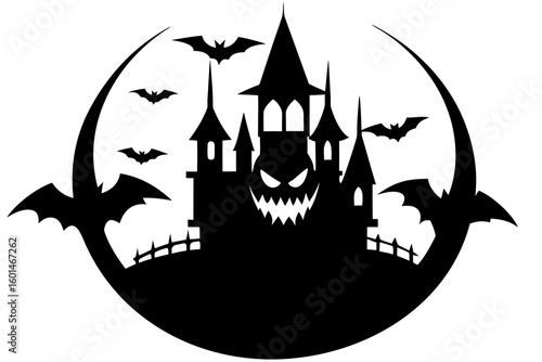 Eerie Halloween Silhouette Vector: Haunted Castle with Bat-Demon, Full Moon & Flying Bats – Spooky Gothic Art