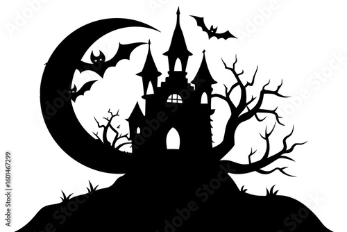 Haunted Castle Silhouette on Hill with Full Moon, Bats & Twisted Trees – Gothic Art