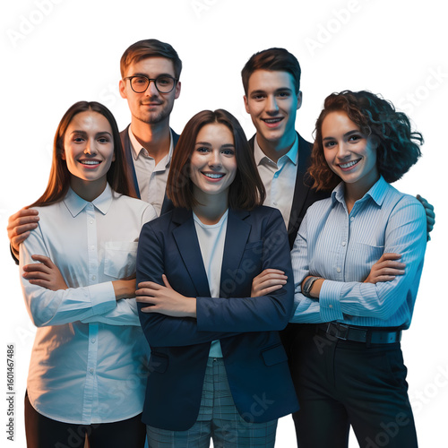 Confident diverse business team smiling, arms crossed, ready for success in modern professional setting