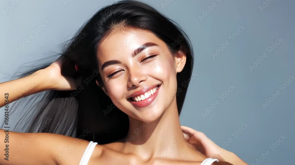 Radiant Beauty: A portrait of serene beauty, capturing a woman with closed eyes, displaying a genuine smile, and smooth skin. Embodying peace and serenity. Radiant Beauty: A portrait of serene beauty, capturing a woman with closed eyes, displaying a genuine smile, and smooth skin. Embodying peace and serenity.