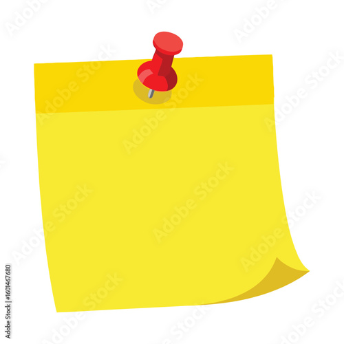 Yellow sticky note with red pushpin and curled corner.