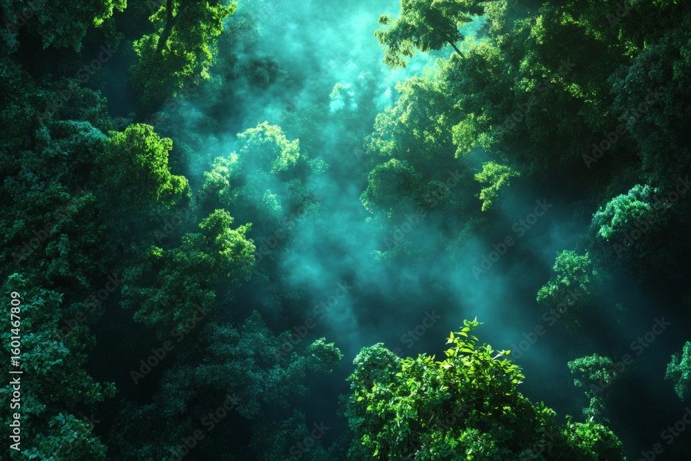 Naklejka premium Mysterious underwater scene with vibrant green seaweed and sunbeams. The image evokes a sense of wonder and exploration.