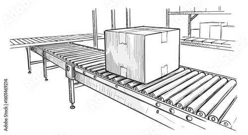 Vintage ink hand drawn sketch of cardboard box on conveyor belt in modern warehouse, black and white illustration, vector engraving or woodcut.