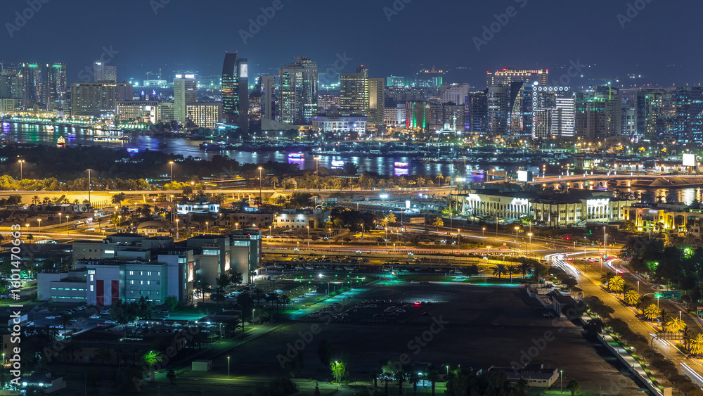 View of new modern buildings at nighttime in luxury Dubai city, United Arab Emirates Timelapse Aerial View of new modern buildings at nighttime in luxury Dubai city, United Arab Emirates Timelapse Aerial