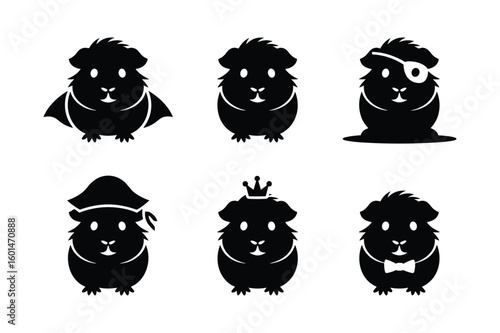 Adorable guinea pig silhouettes in costumes pirate king