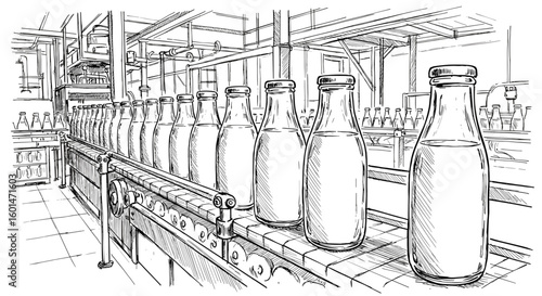 Vintage ink hand drawn sketch of glass milk bottles on conveyor belt at dairy factory, black and white illustration, vector engraving or woodcut

