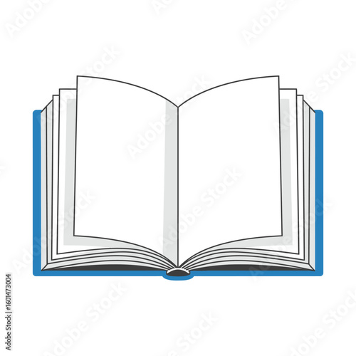Open hardcover book with a blue cover and blank white pages isolated illustration.
