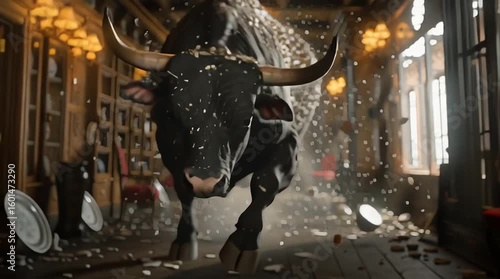 bull in a china shop - Powerful and destructive rampage, destruction adage concept. 3d animation of raging bull running through store interior breaking dishes and destroying the glassware.