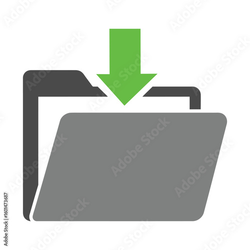 Grey folder icon with a green download arrow symbol for saving or moving files.